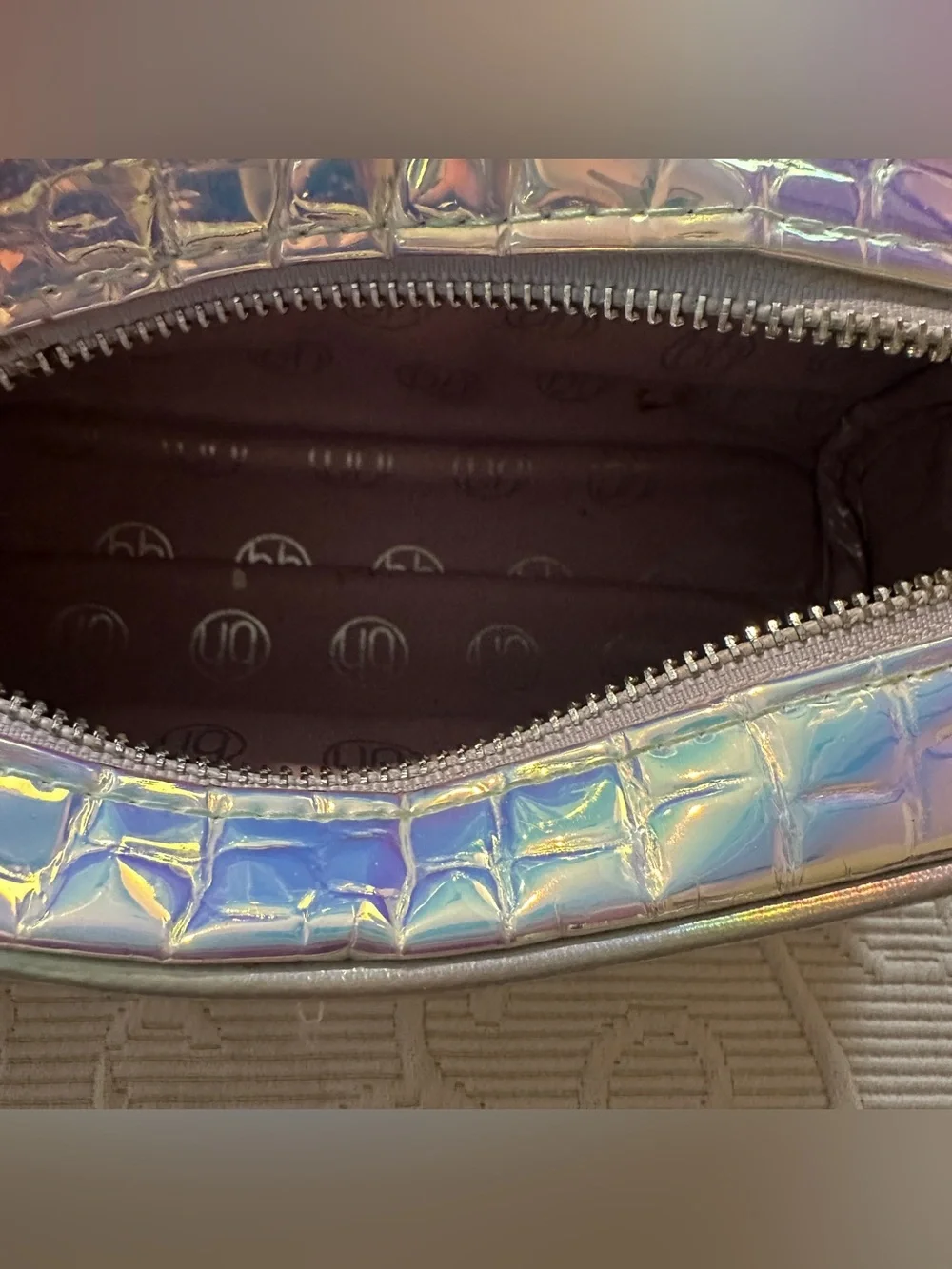 bh Cosmetics Holographic Croc-Embossed Cosmetic Bag in Iridescent rainbow
